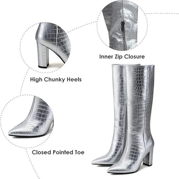 NEW Modatope Knee High Boot Women GoGo Boot Faux Crocodile Boot Heel Pointed Toe - Picture 2 of 6